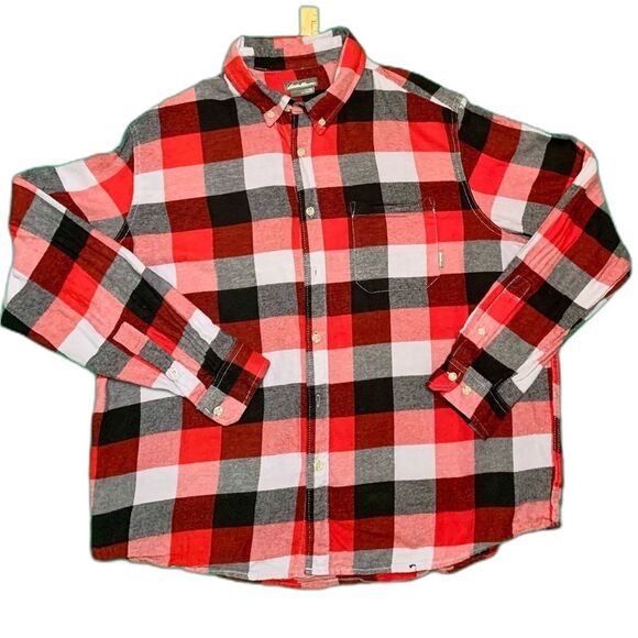 Eddie Bauer Flannel Shirt Mens Large Red Plaid Long Sleeve Button Up Sz XXL EUC - Picture 1 of 5